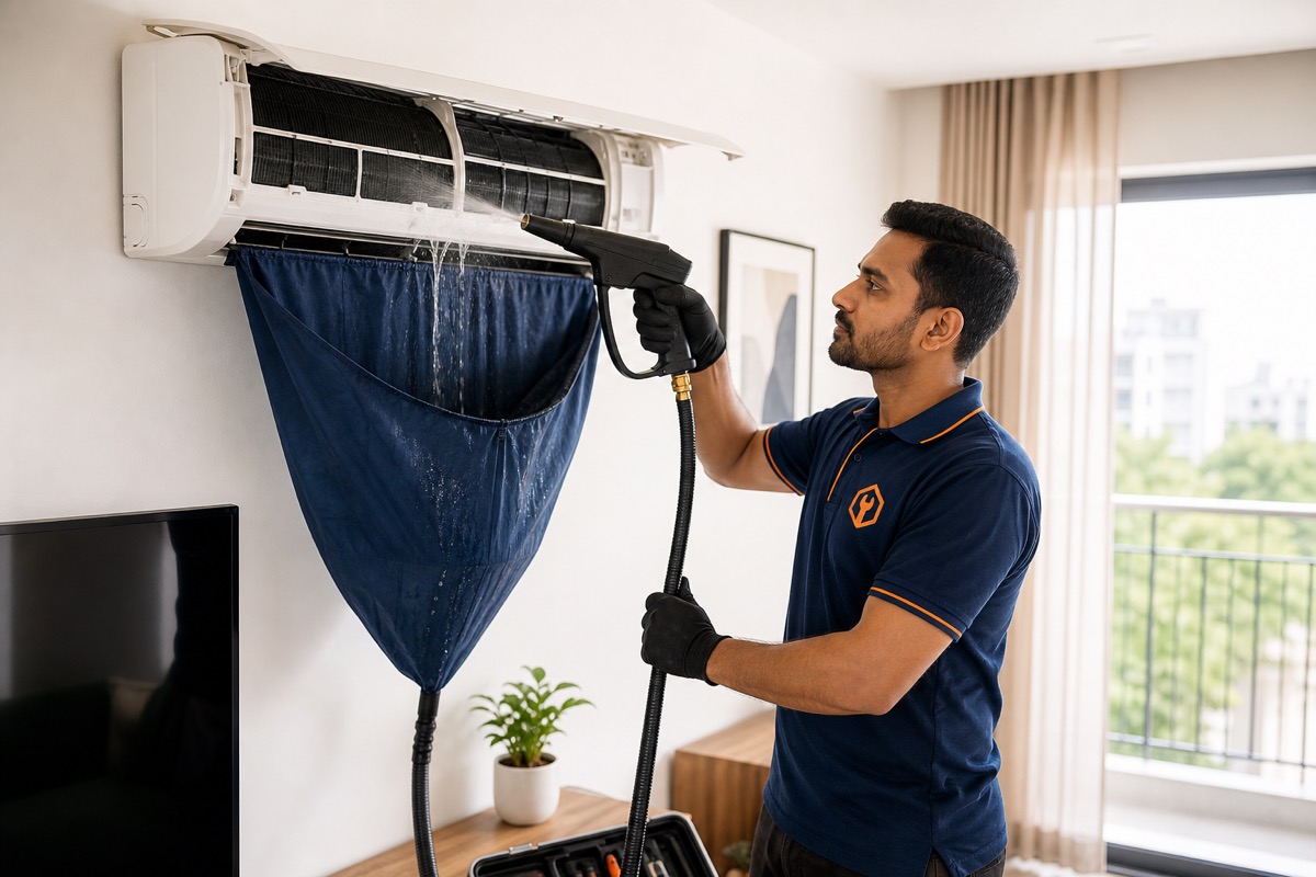The Fix Nation technician cleaning an AC