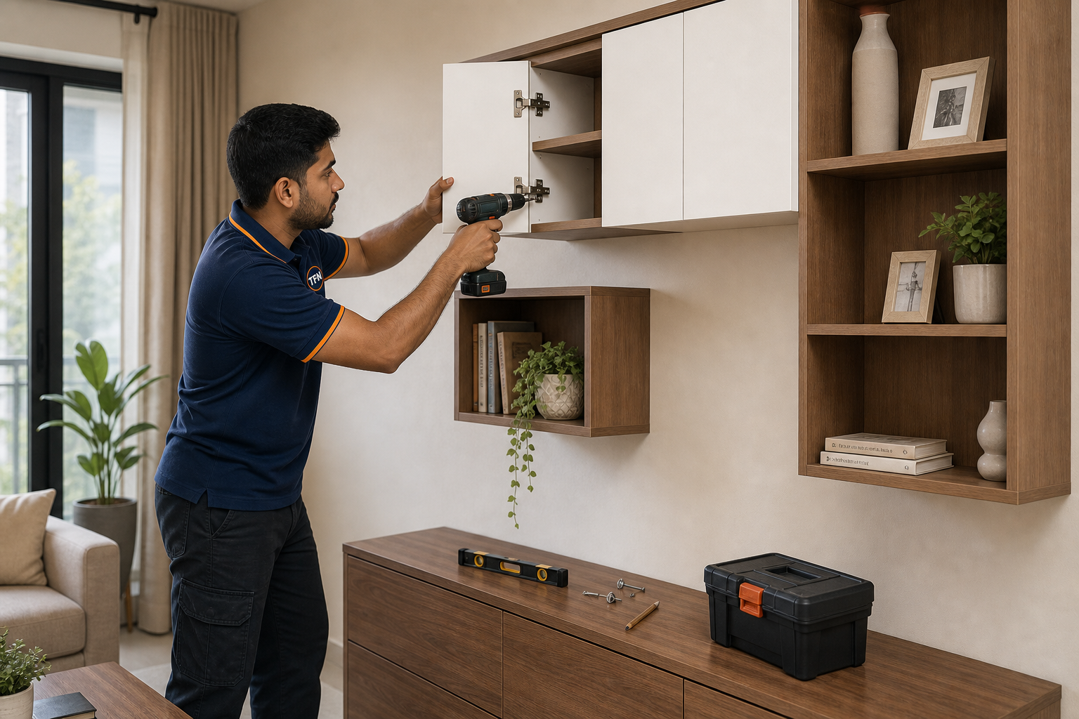 The Fix Nation worker installing cabinet shelf